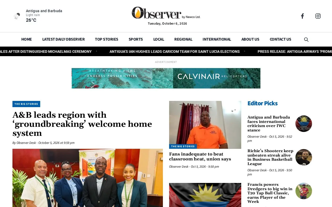 Antigua Observer homepage screenshot