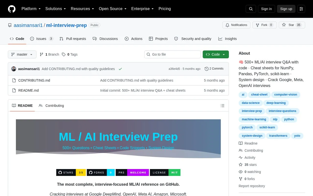 ML/AI Interview Prep homepage screenshot