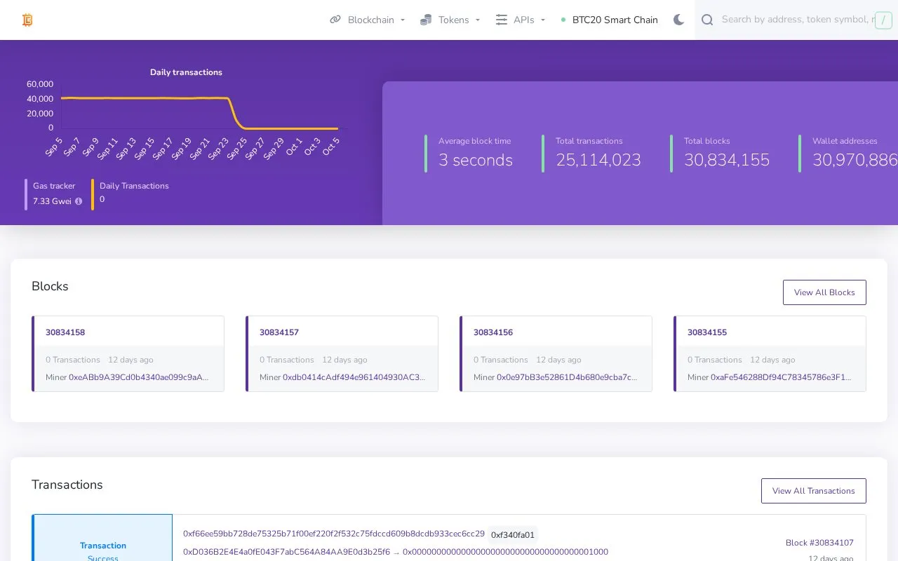 BTC20 Smart Chain — blockscout homepage screenshot