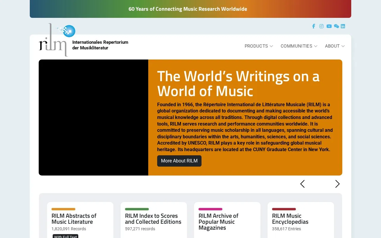 Répertoire International de Littérature Musicale homepage screenshot