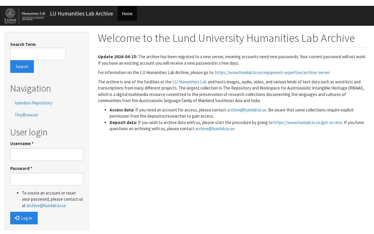 Lund University Humanities Lab Archive homepage screenshot