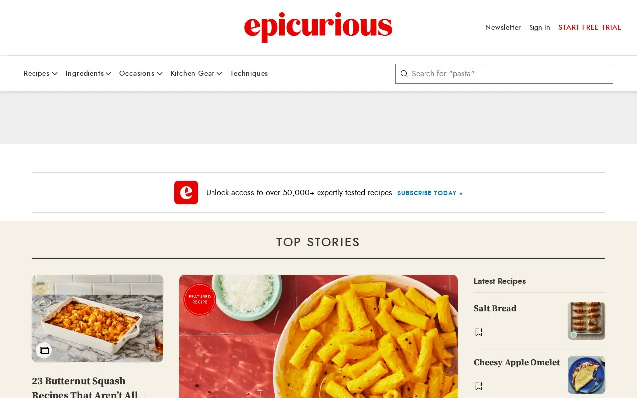 Epicurious homepage screenshot
