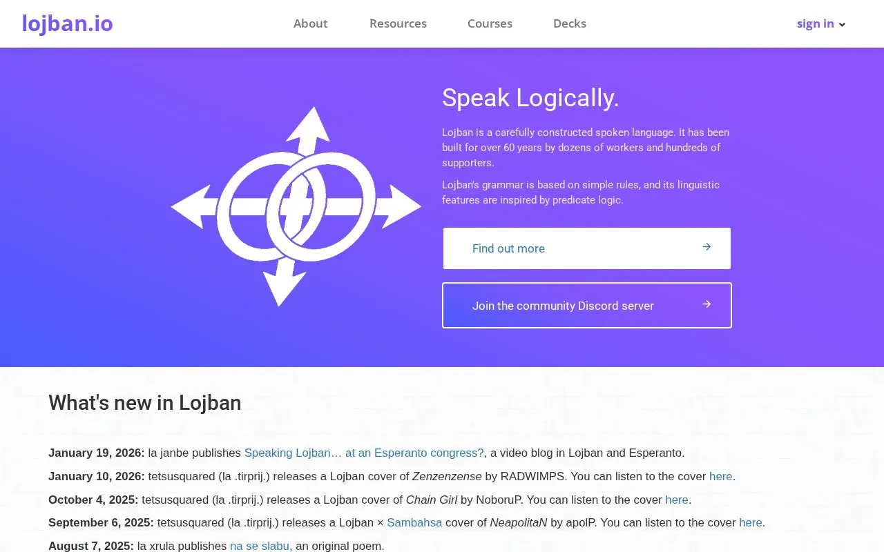 Lojban.io homepage screenshot
