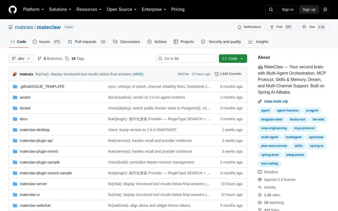 MateClaw homepage screenshot
