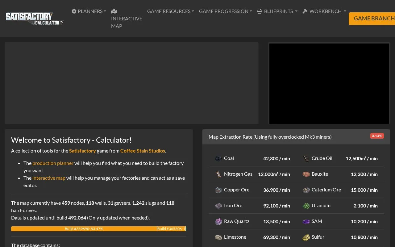 Satisfactory Calculator homepage screenshot