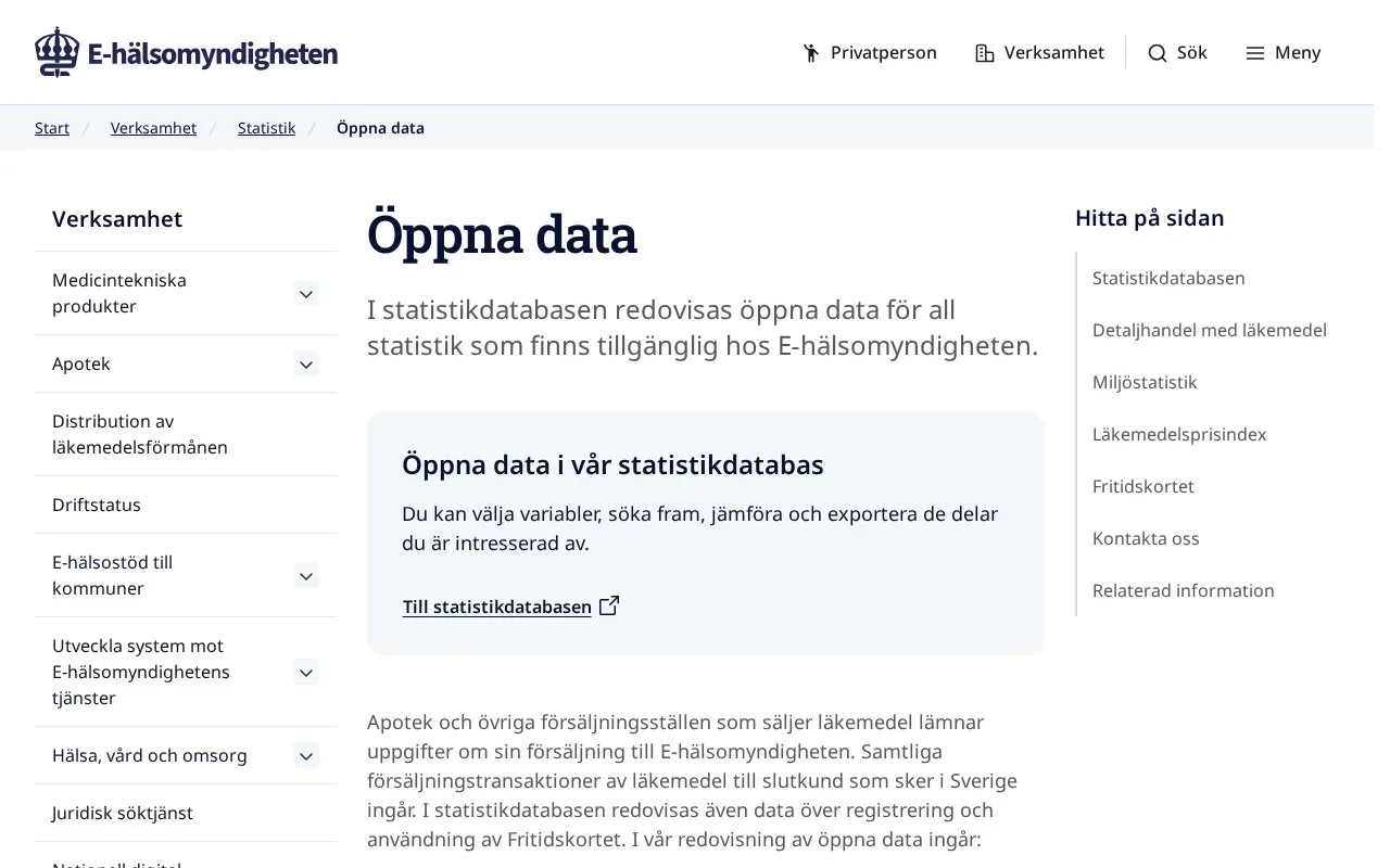 Swedish eHealth Agency Open Data portal homepage screenshot