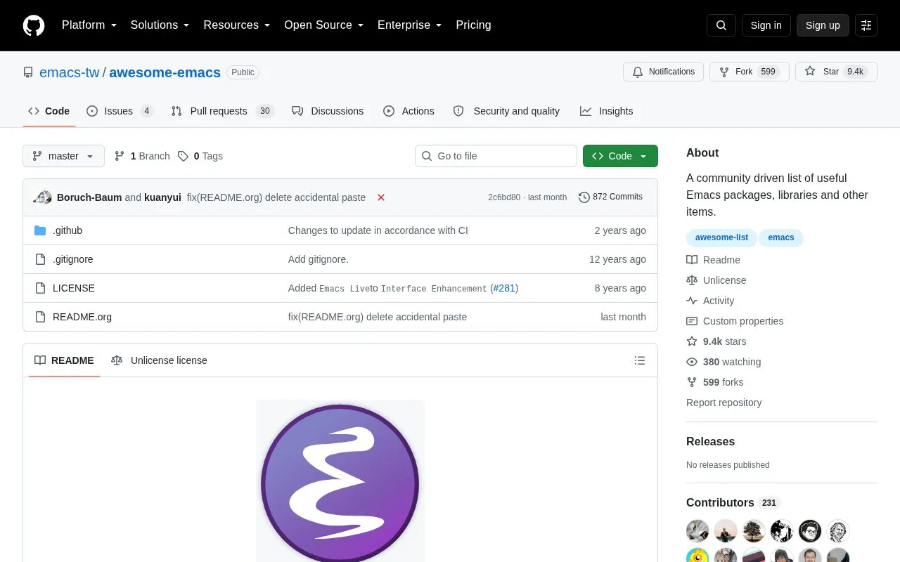 Awesome Emacs homepage screenshot