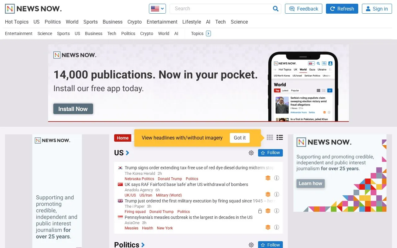 NewsNow homepage screenshot
