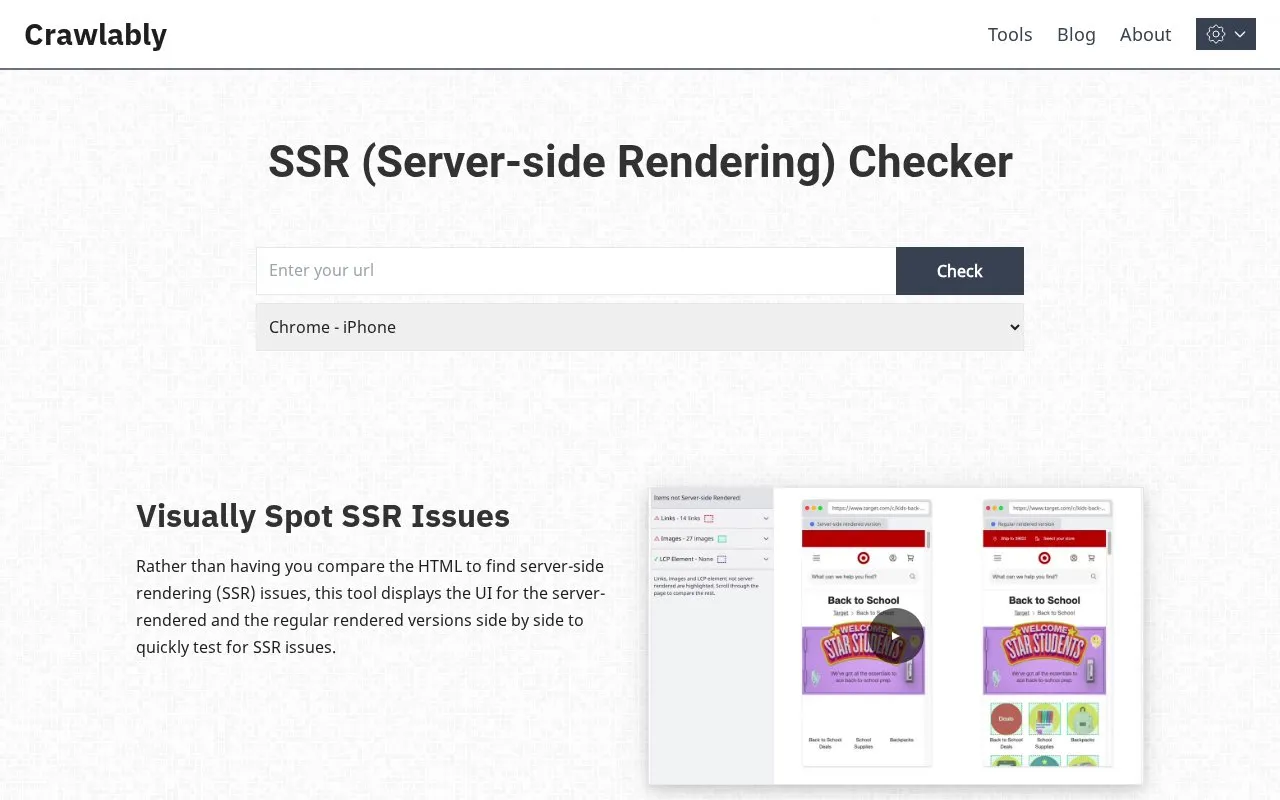 Server-side Rendering (SSR) Checker homepage screenshot