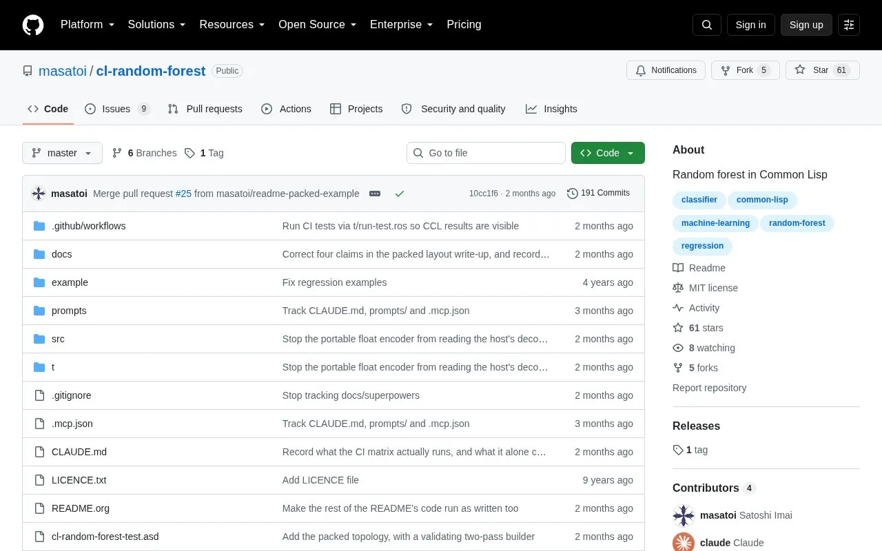 cl-random-forest homepage screenshot
