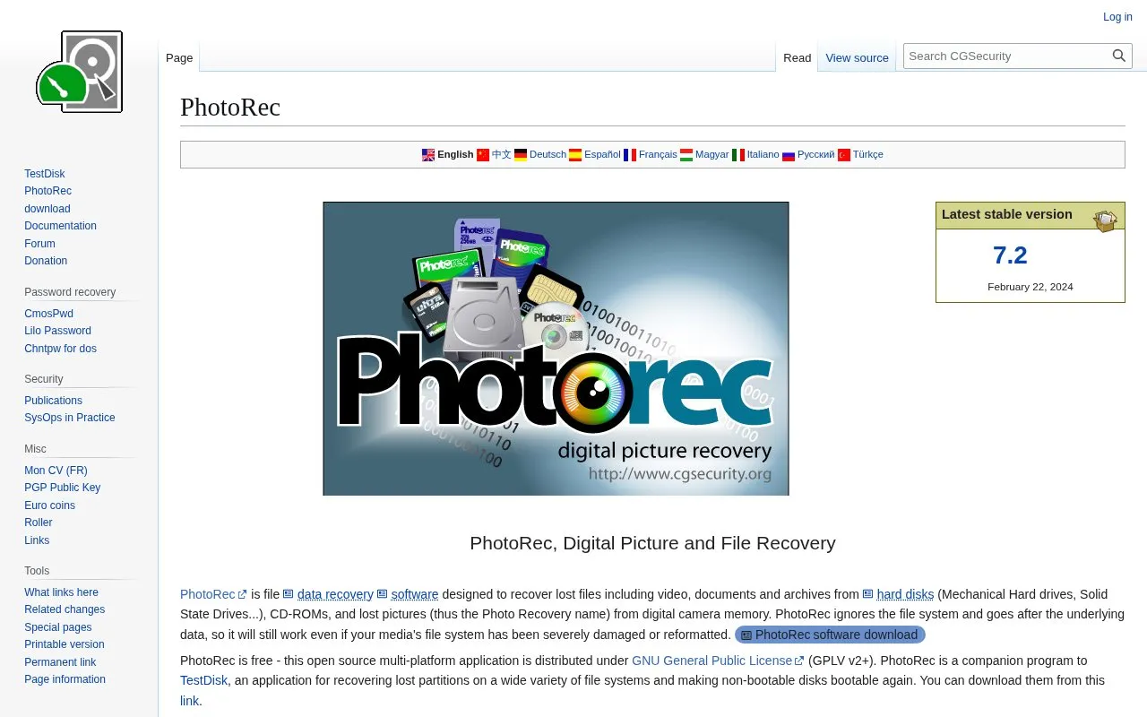 PhotoRec homepage screenshot