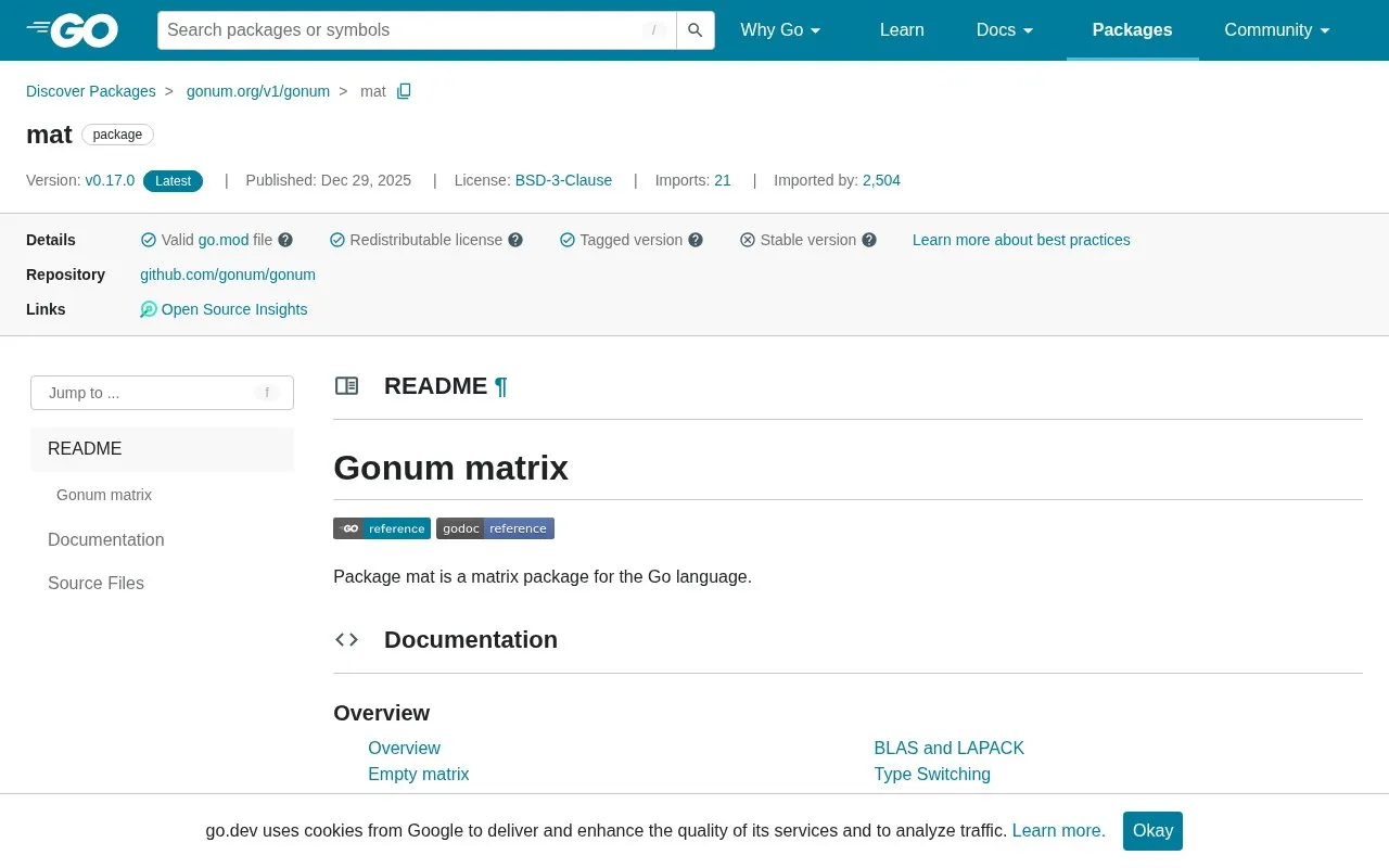 gonum/mat homepage screenshot