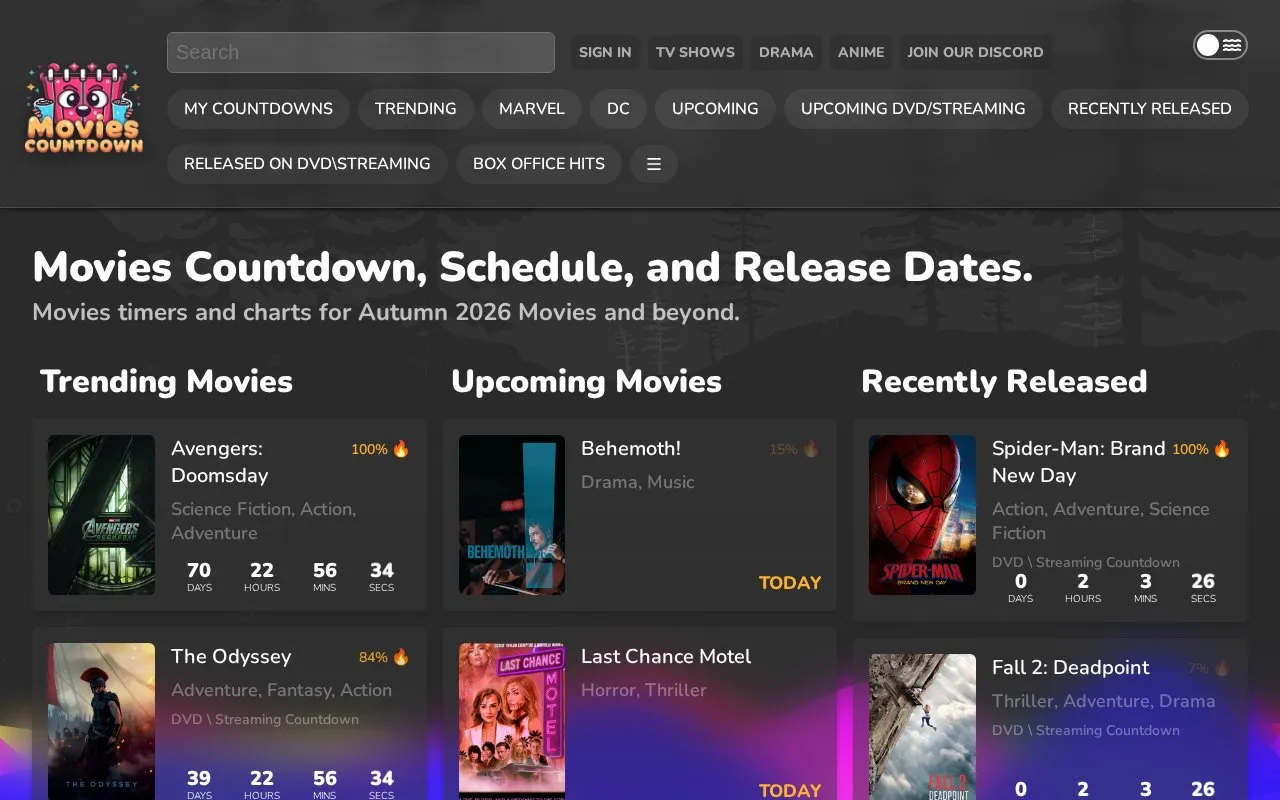 Movie Countdown homepage screenshot
