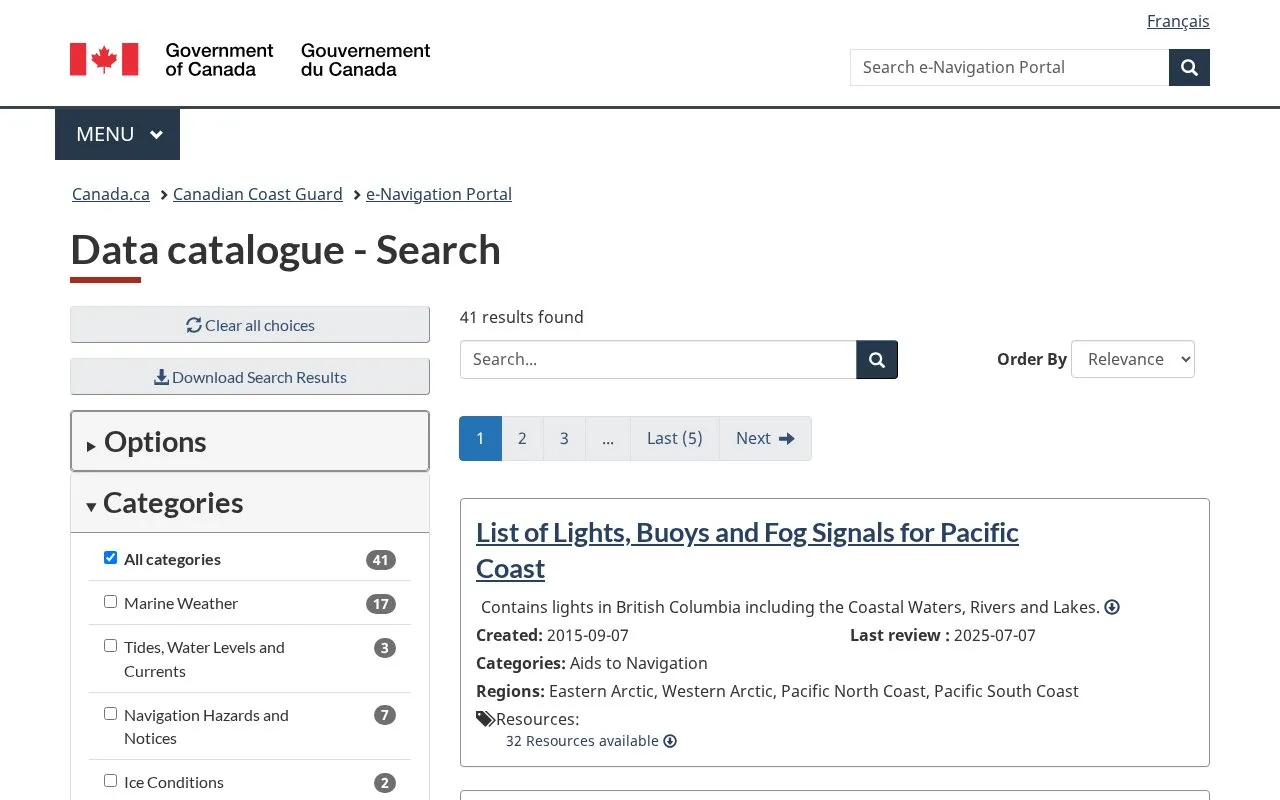 Canadian Coast Guard Data Catalogue homepage screenshot