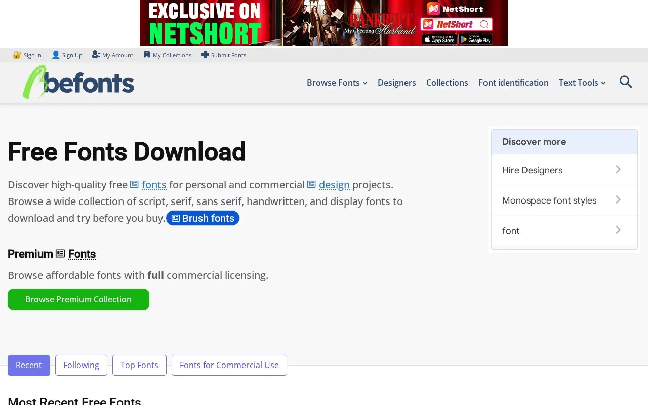 BeFonts homepage screenshot