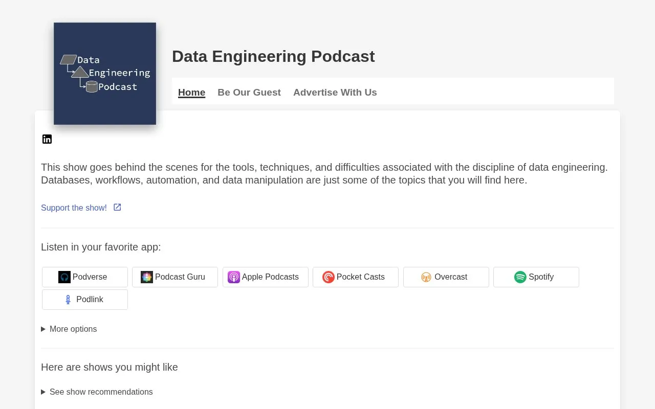 Data Engineering Podcast homepage screenshot