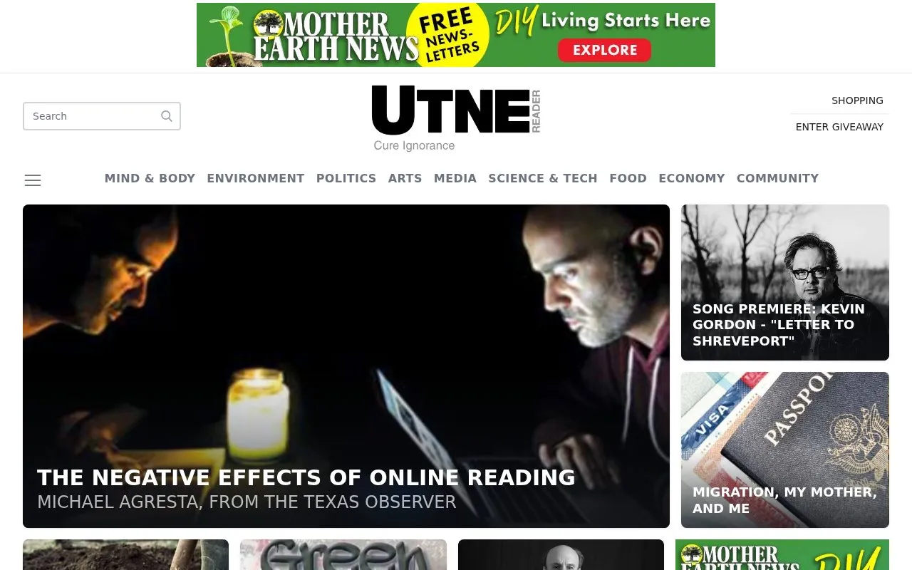 Utne Reader homepage screenshot