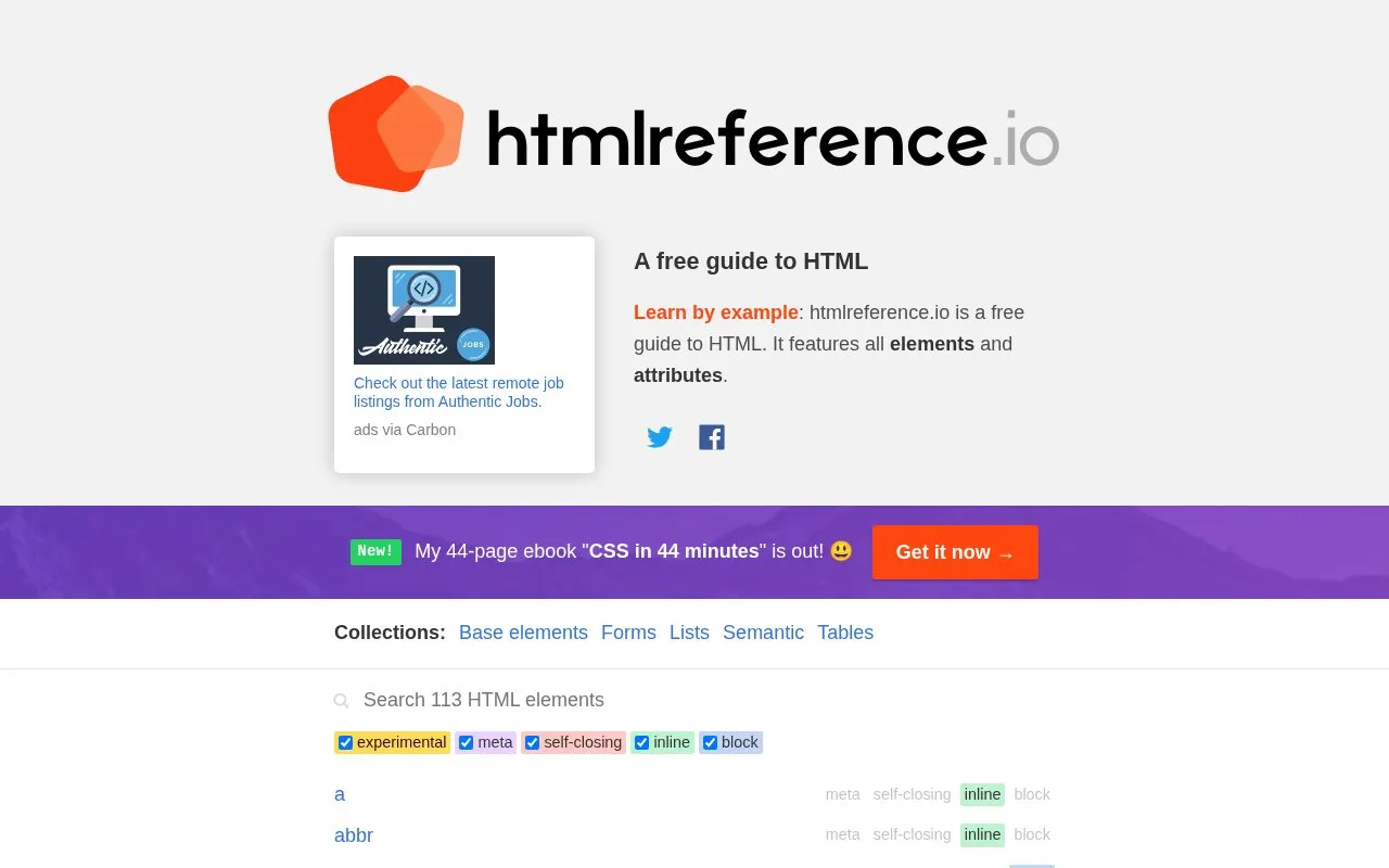 HTML Reference homepage screenshot