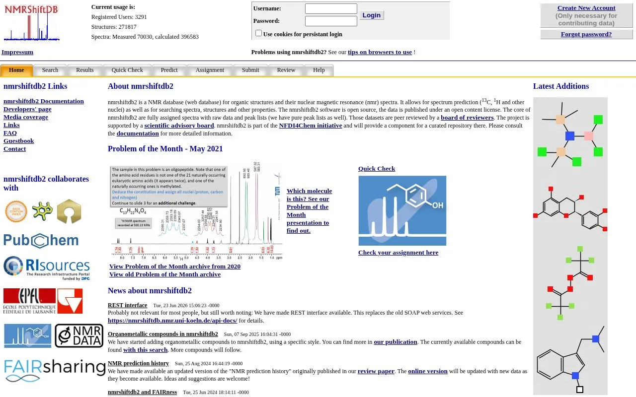 NMRshiftDB homepage screenshot