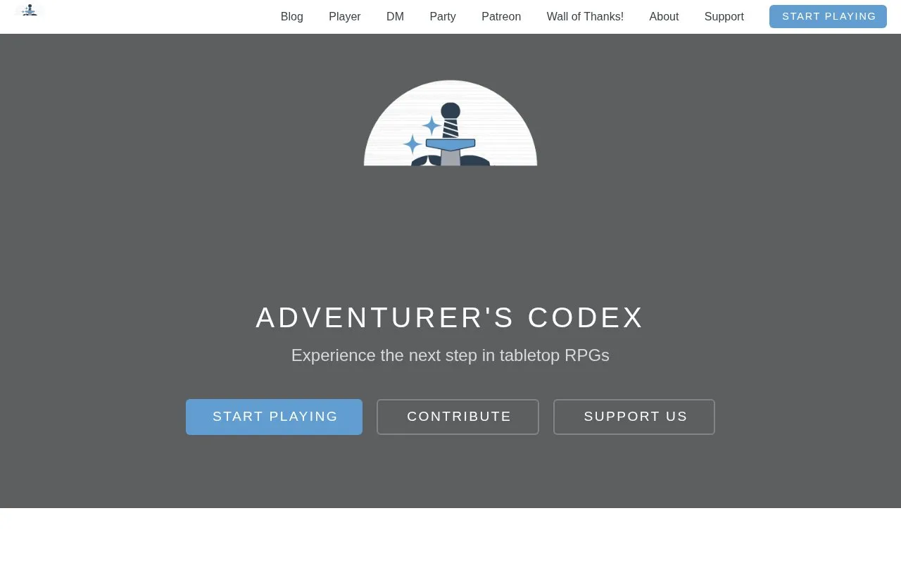 Adventurer's Codex homepage screenshot