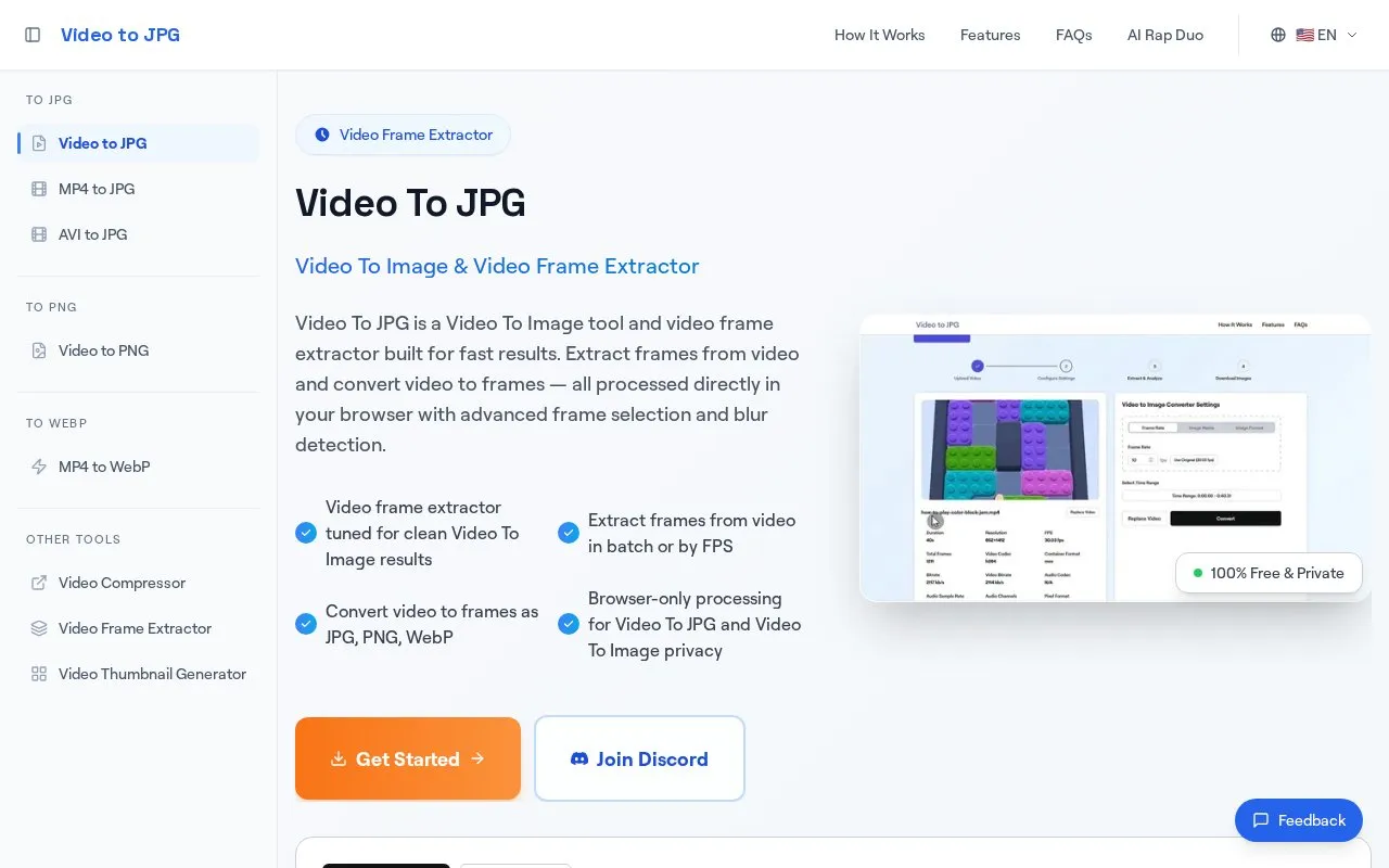VideoToJPG homepage screenshot