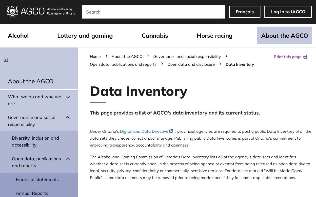 Alcohol and Gaming Commission of Ontario Data Inventory homepage screenshot