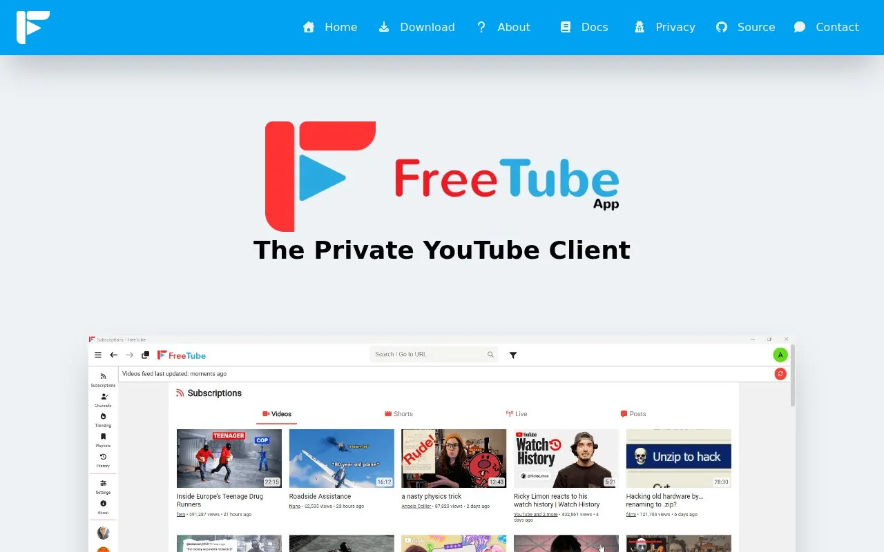 FreeTube homepage screenshot