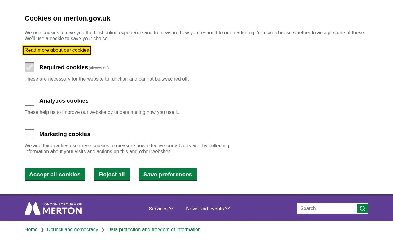 Merton Council homepage screenshot