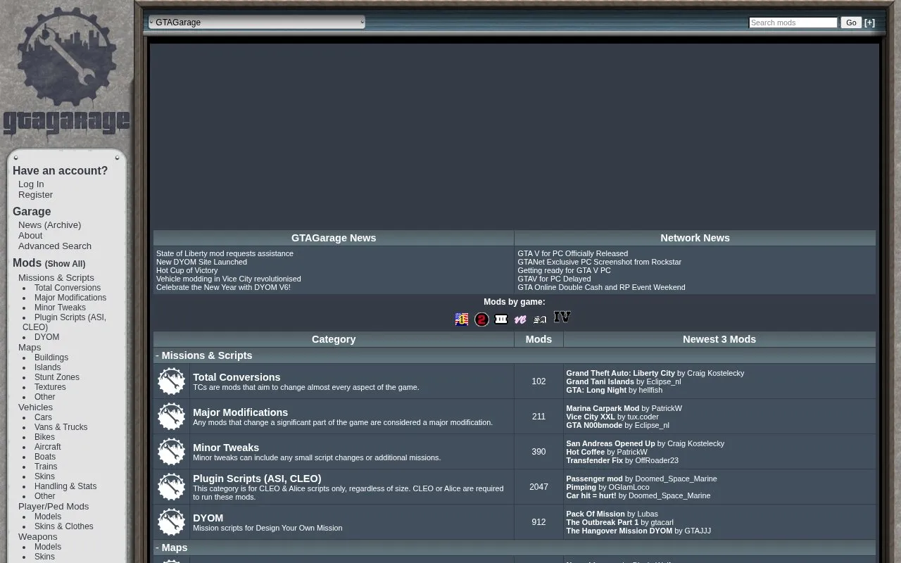 GTAGarage homepage screenshot