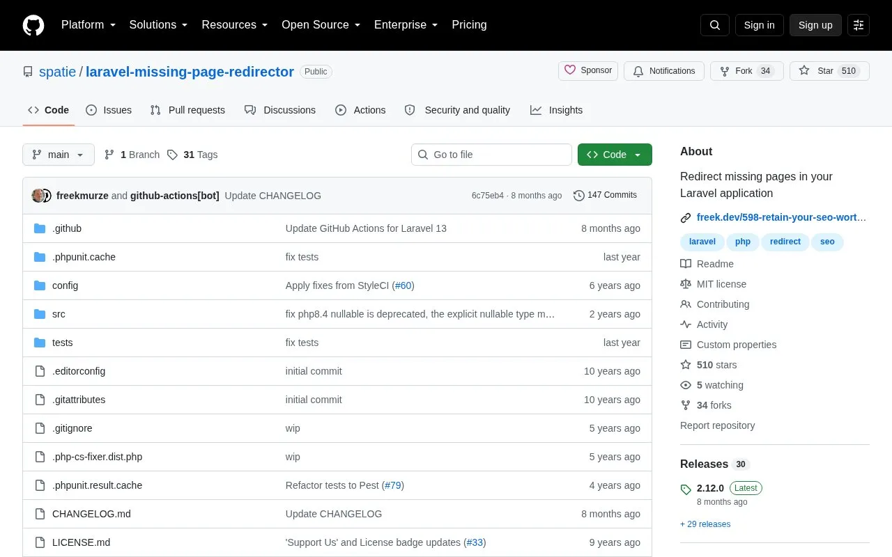 laravel-missing-page-redirector homepage screenshot