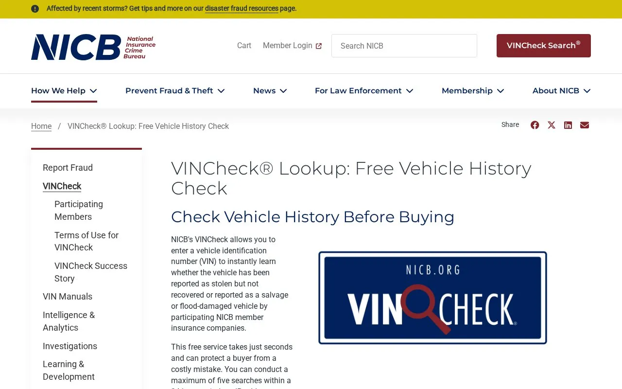 VINCheck® homepage screenshot