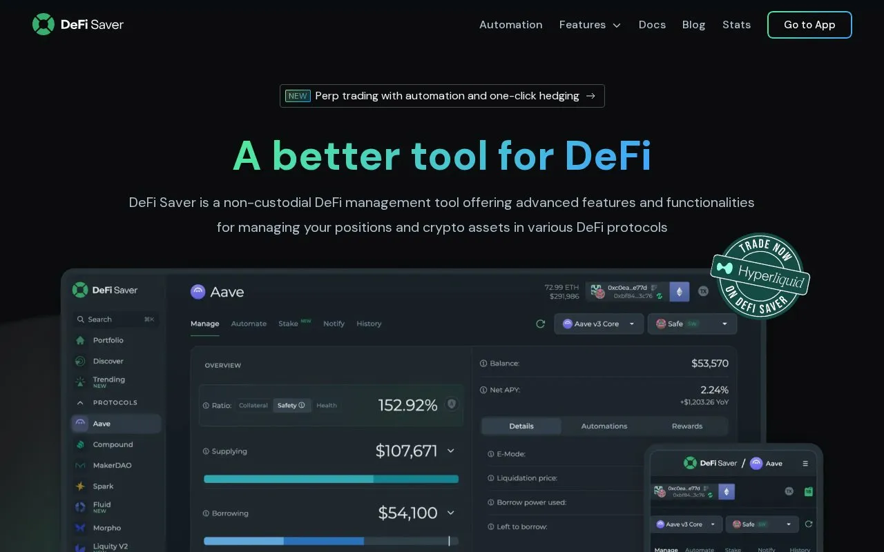 Defi Saver Asset Management homepage screenshot