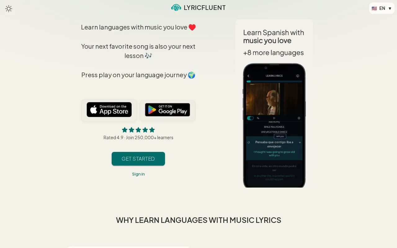 LyricFluent homepage screenshot