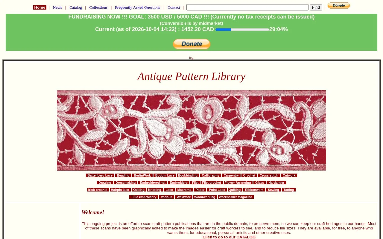 Antique Pattern Library homepage screenshot