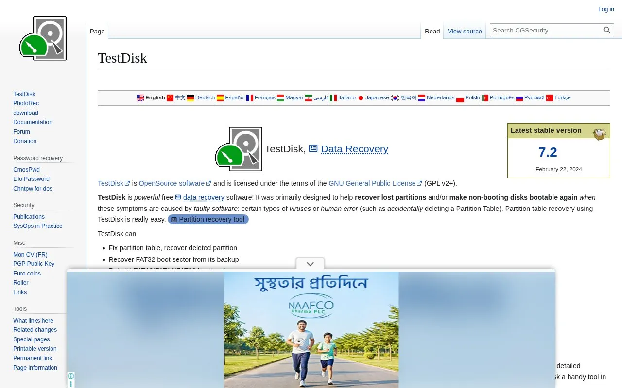 TestDisk homepage screenshot