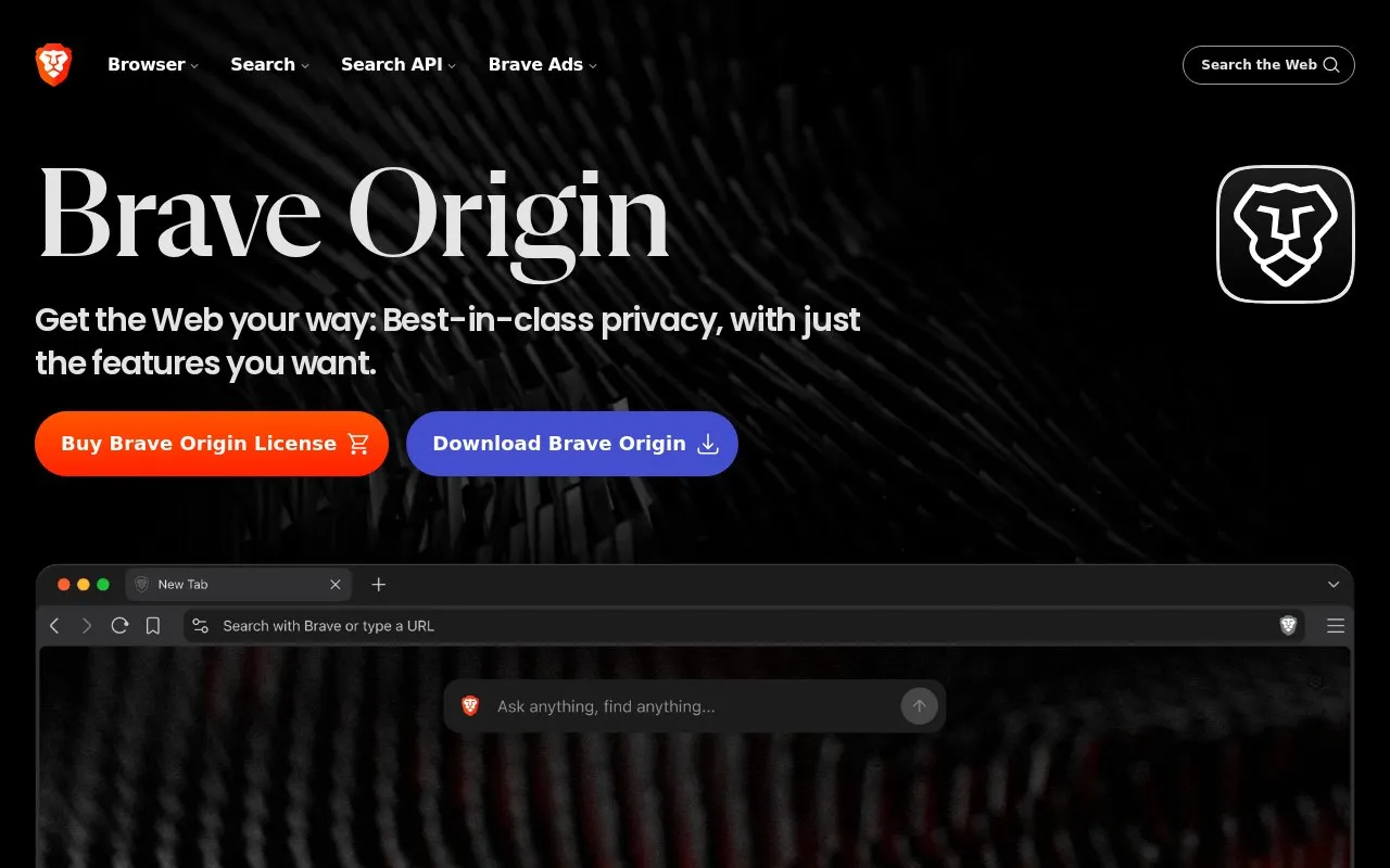 Brave Origin homepage screenshot