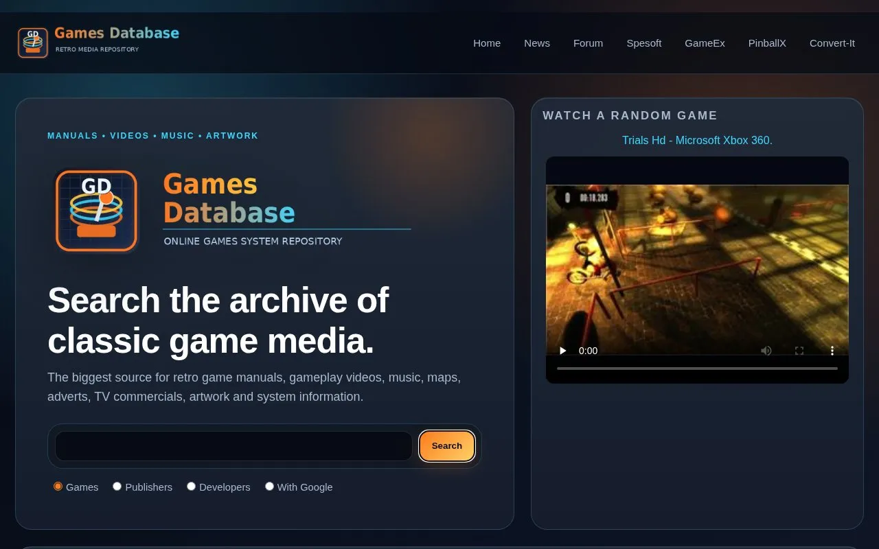 GamesDatabase homepage screenshot