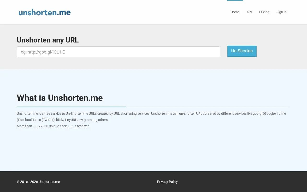 Unshorten.me homepage screenshot