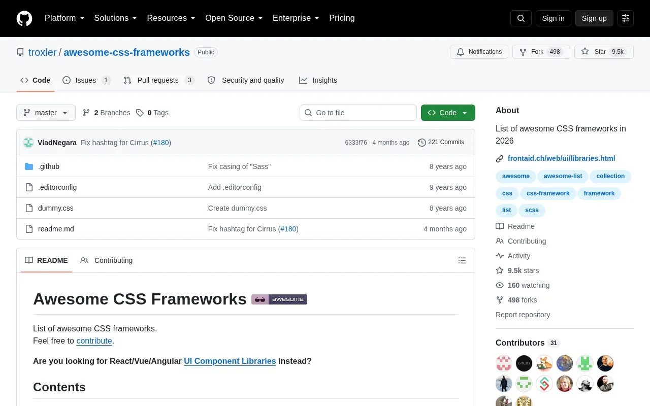 Awesome CSS Frameworks homepage screenshot