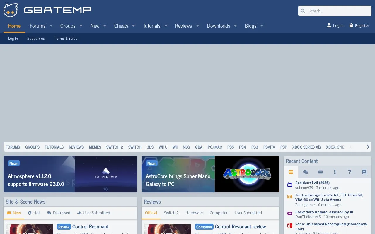 GBATemp homepage screenshot