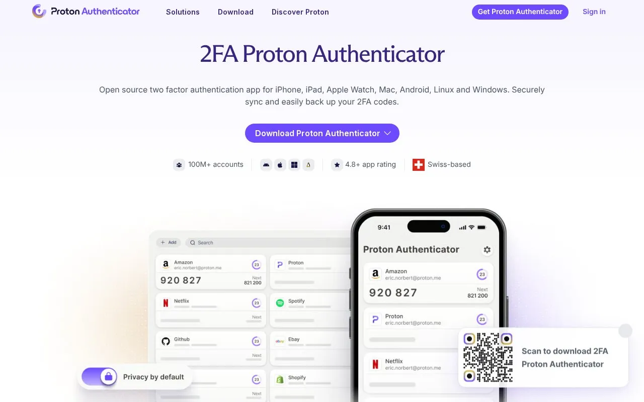 Proton Authenticator homepage screenshot