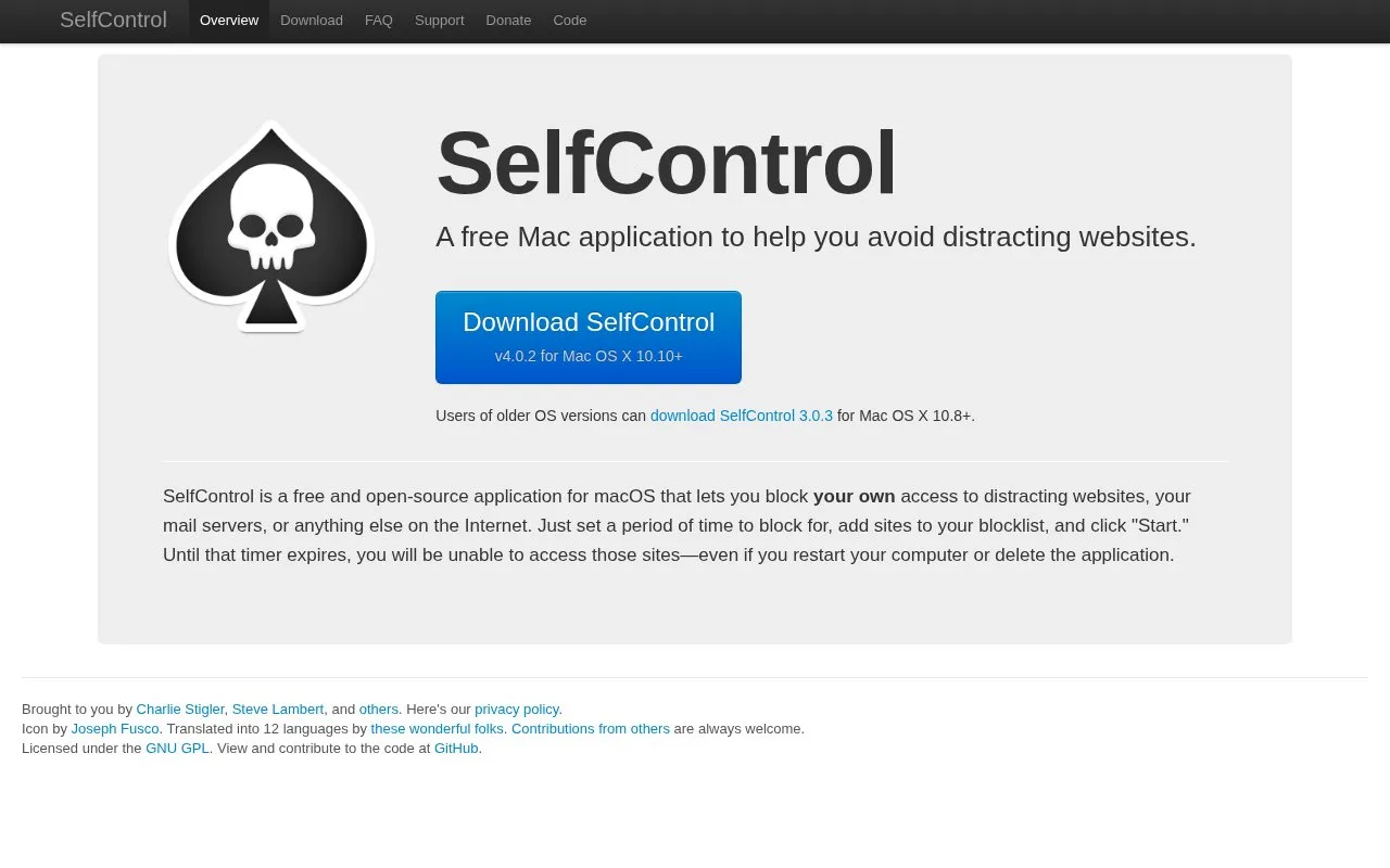 SelfControlApp homepage screenshot