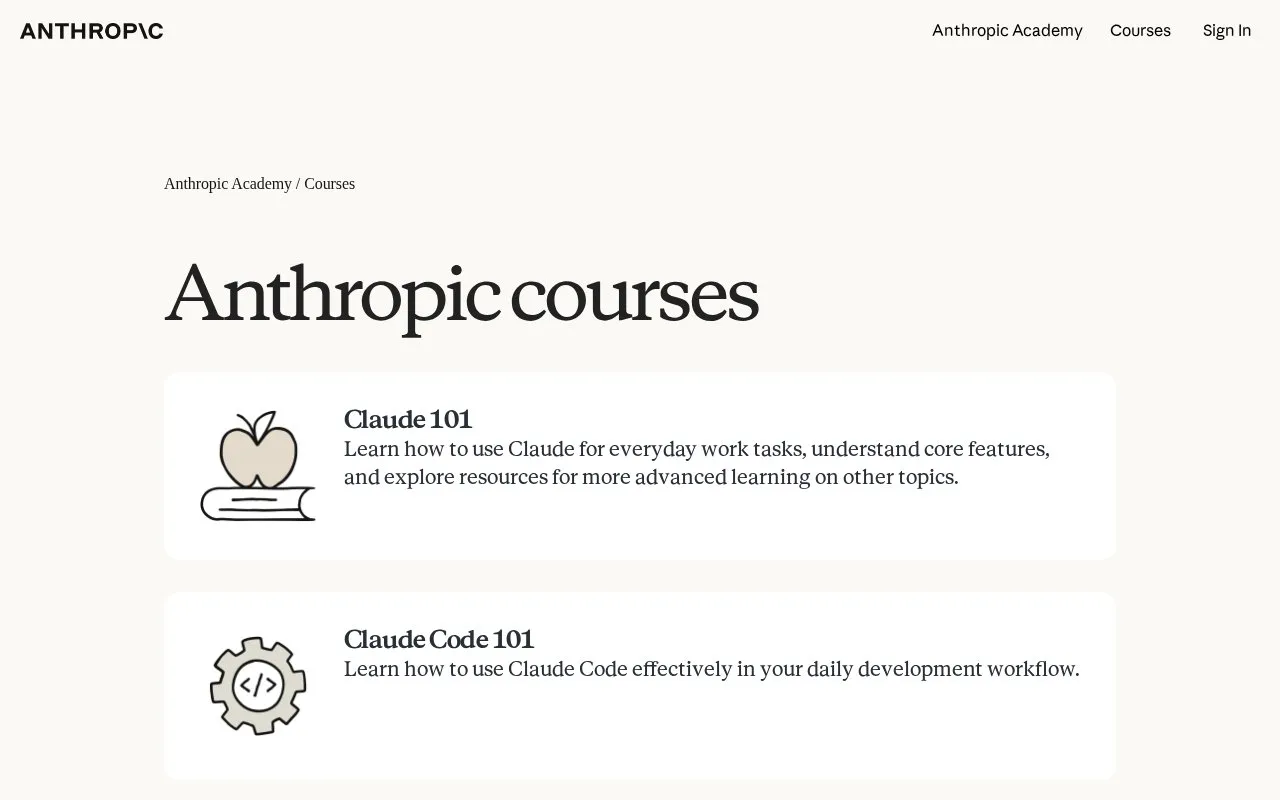 Anthropic Courses homepage screenshot