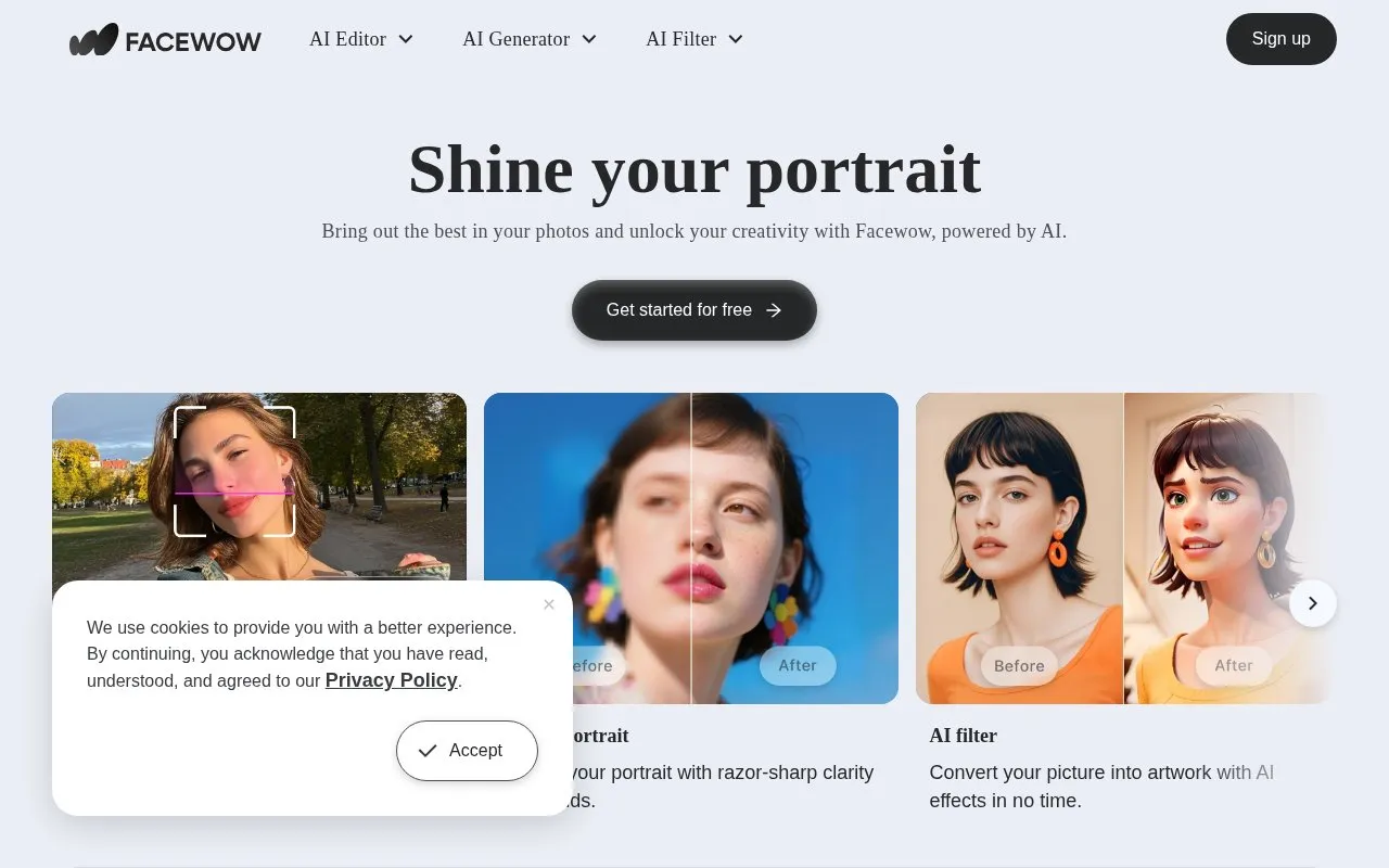 Facewow homepage screenshot