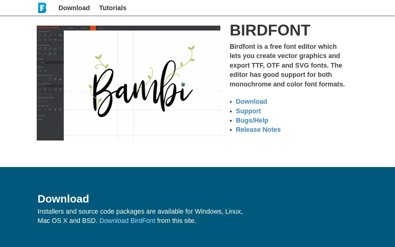 Birdfont homepage screenshot