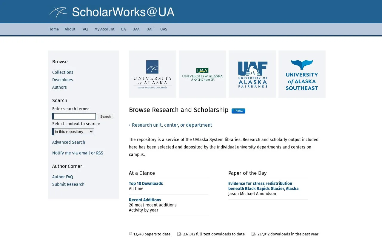 ScholarWorks@UA homepage screenshot