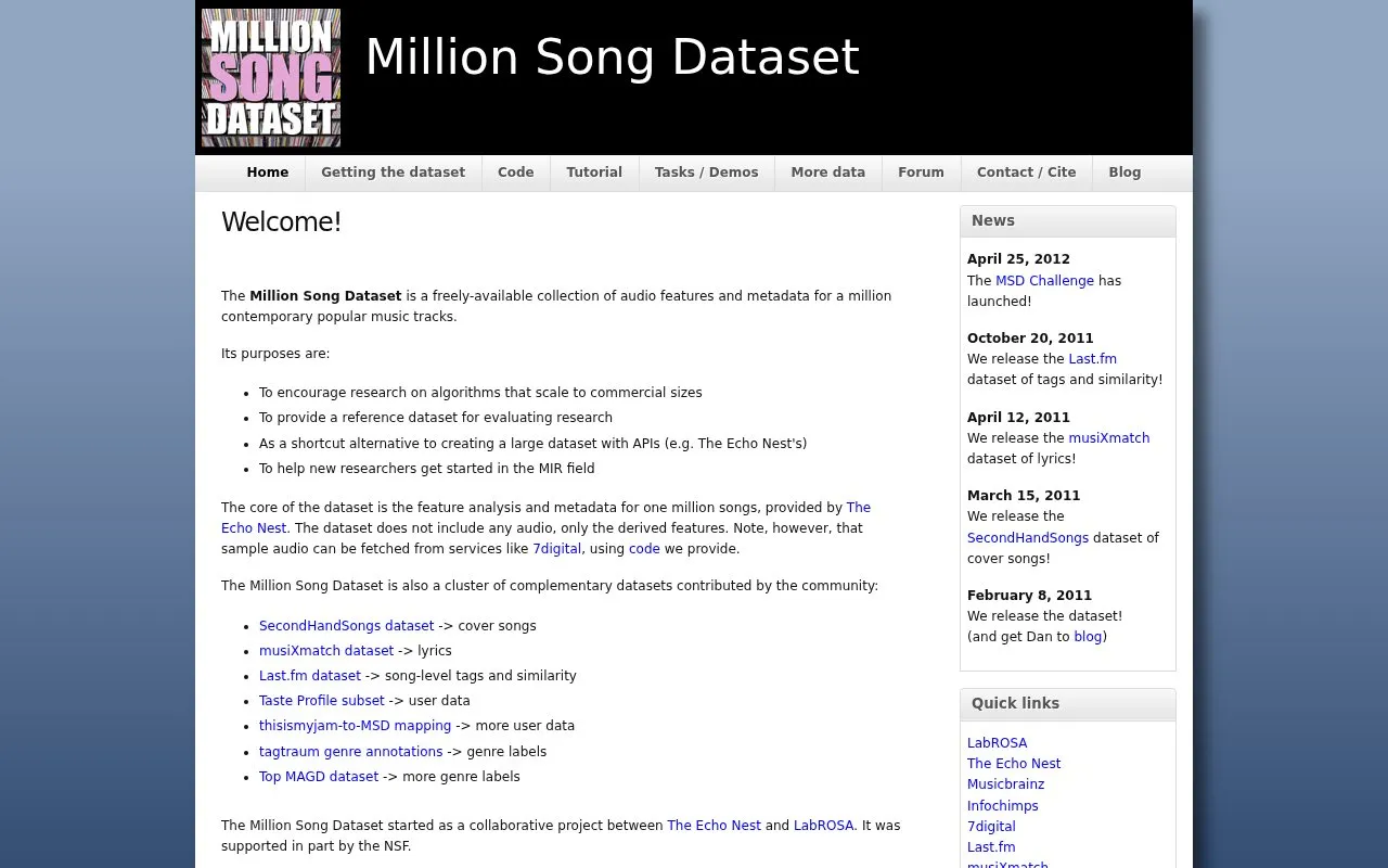 Million Song Dataset homepage screenshot