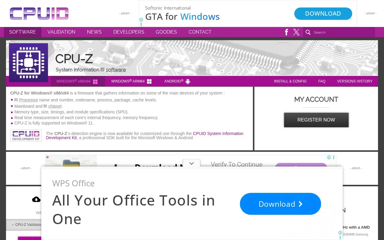 CPU-Z homepage screenshot