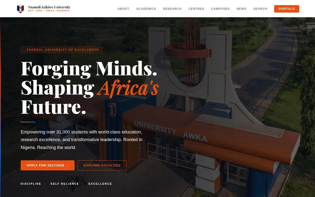 Nnamdi Azikiwe University homepage screenshot