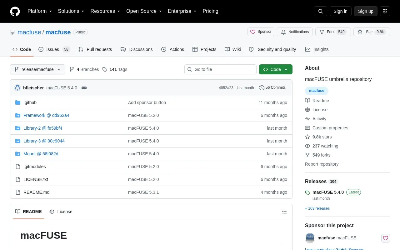 Macfuse homepage screenshot